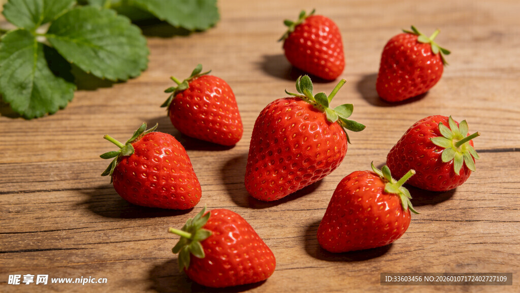 木桌上的新鲜红草莓
