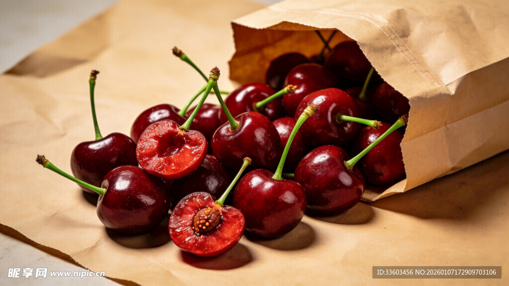 纸袋中的新鲜红樱桃