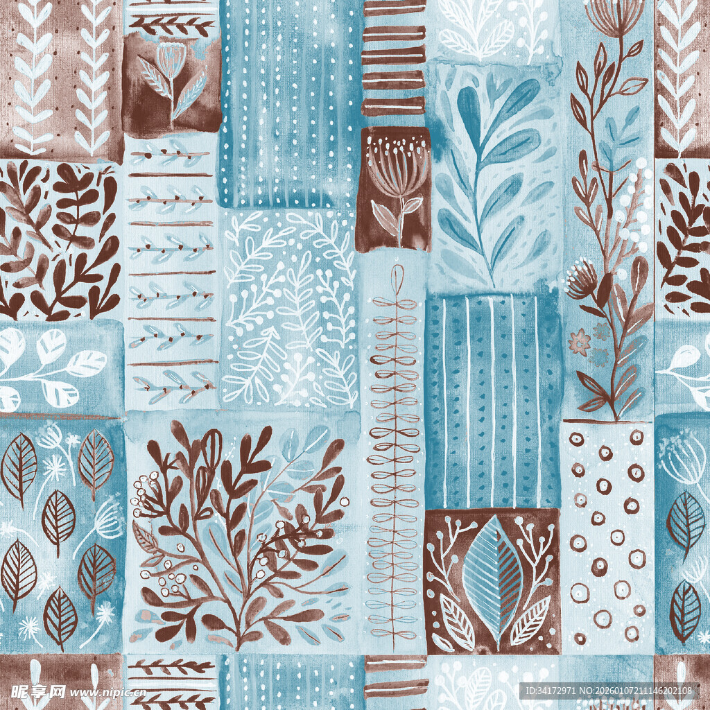 蓝棕拼贴风植物纹理图案