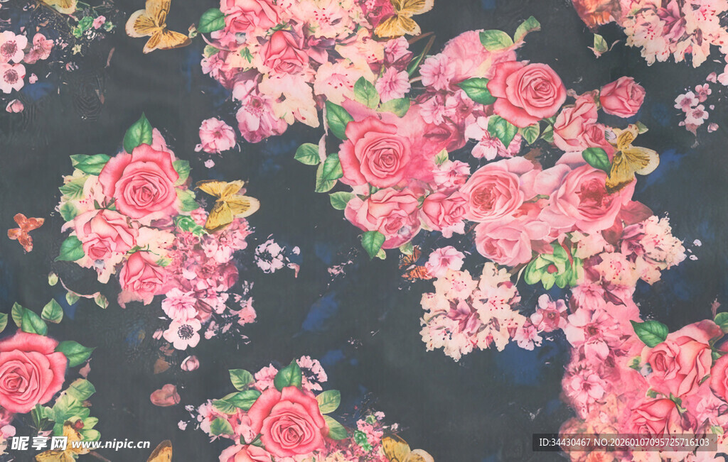 深色底粉色花卉图案布料