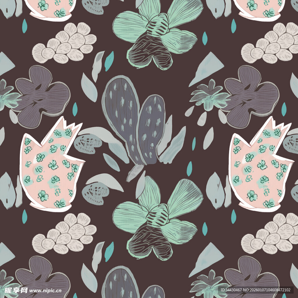 手绘花卉雨滴图案背景