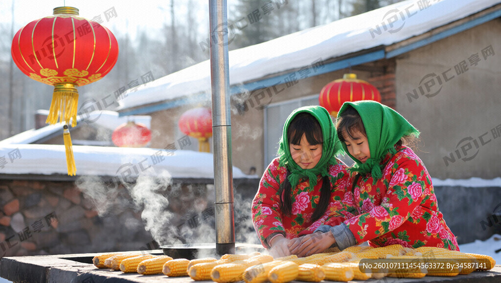 背景东北农村雪乡烟筒冒着炊烟、