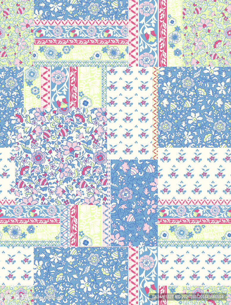 多彩花卉图案拼接布料