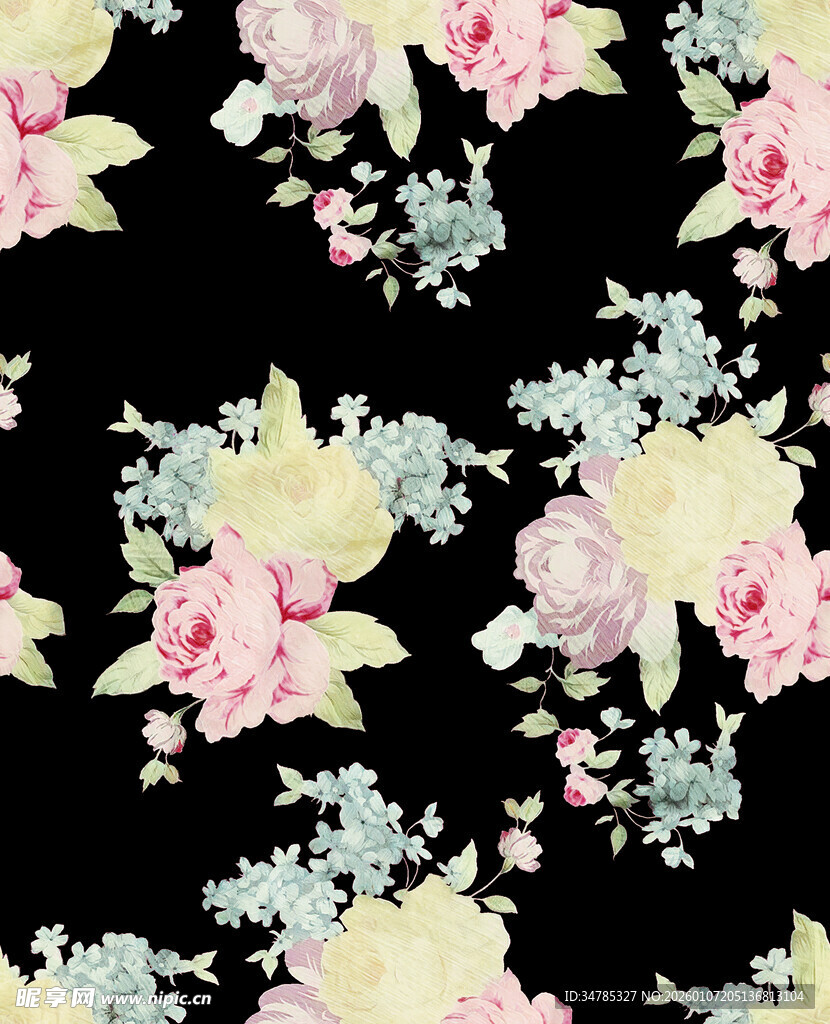 黑色底花卉图案印花