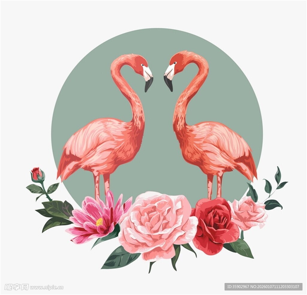 双火烈鸟与花卉浪漫图景