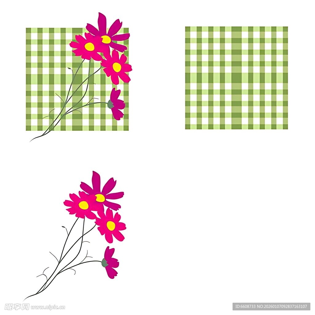 粉色花朵与格子背景图案