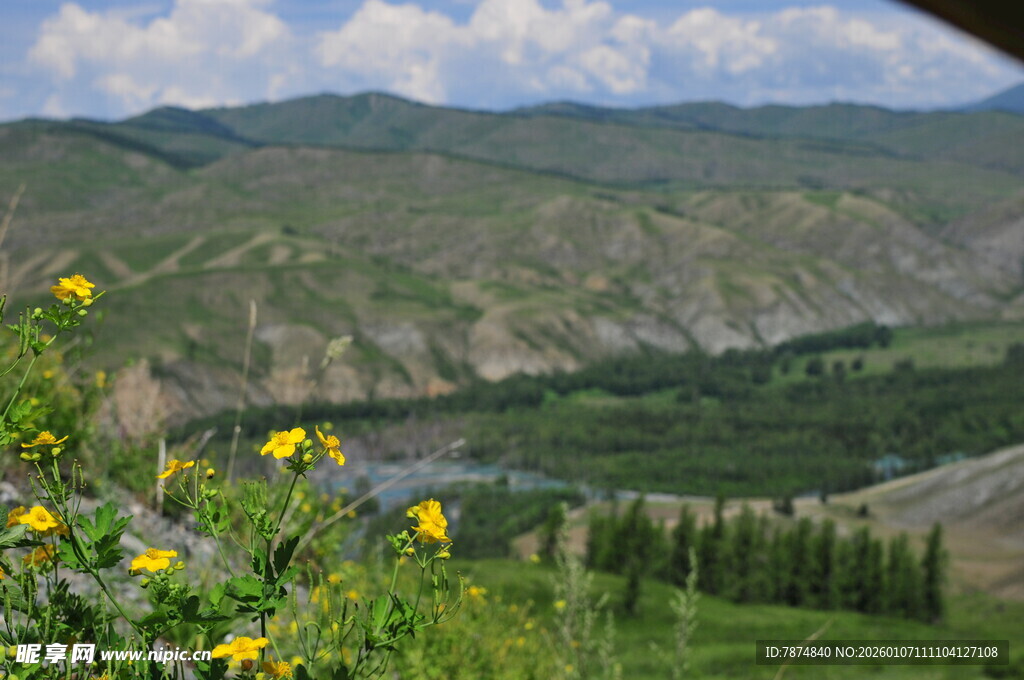 山间美景 繁花绿树映河谷
