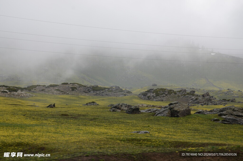 山间雾霭中的绿野风光
