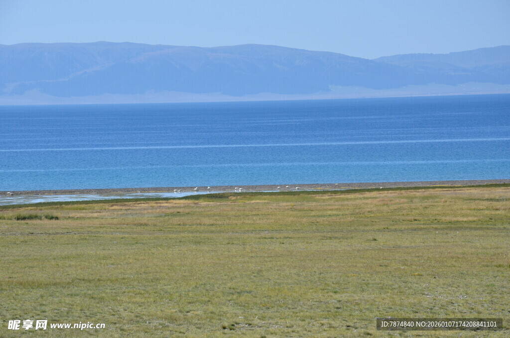 草原边的辽阔蓝色水域