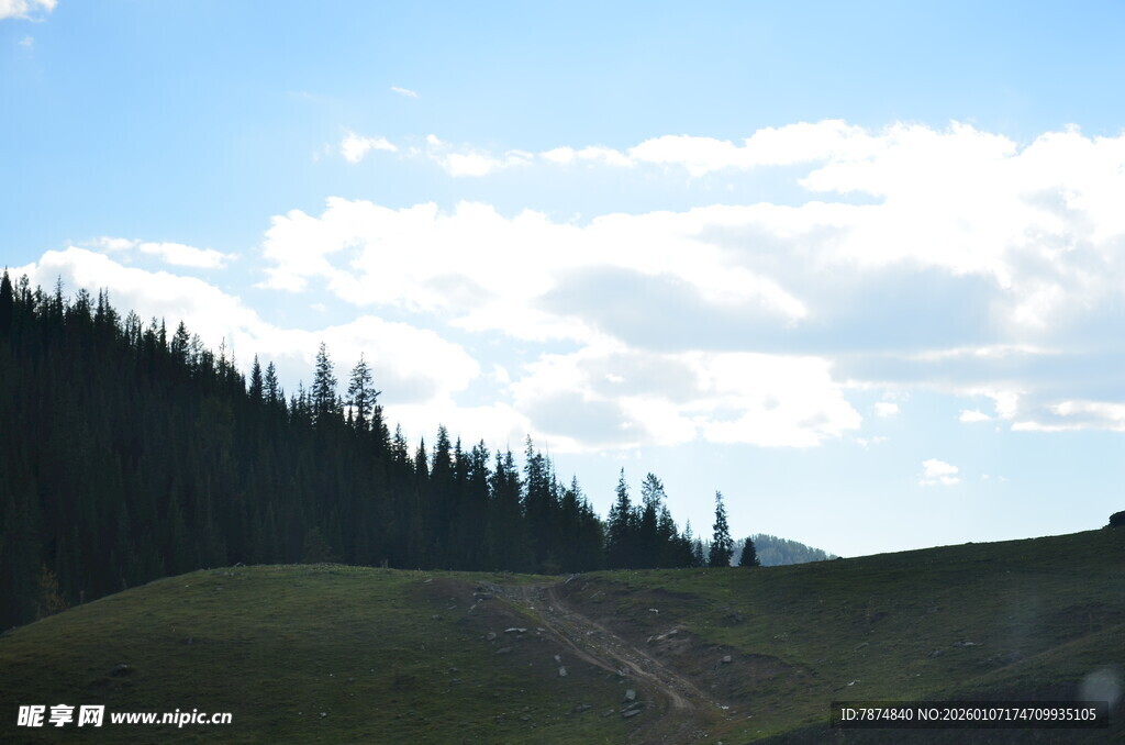 山间美景 蓝天白云伴绿树