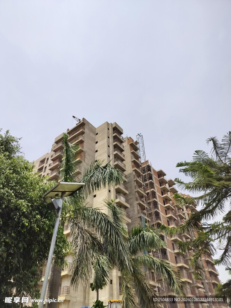 在建高楼与周边绿植景观