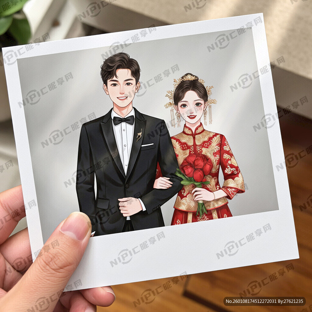 有新郎和新娘的手绘风卡通全身形