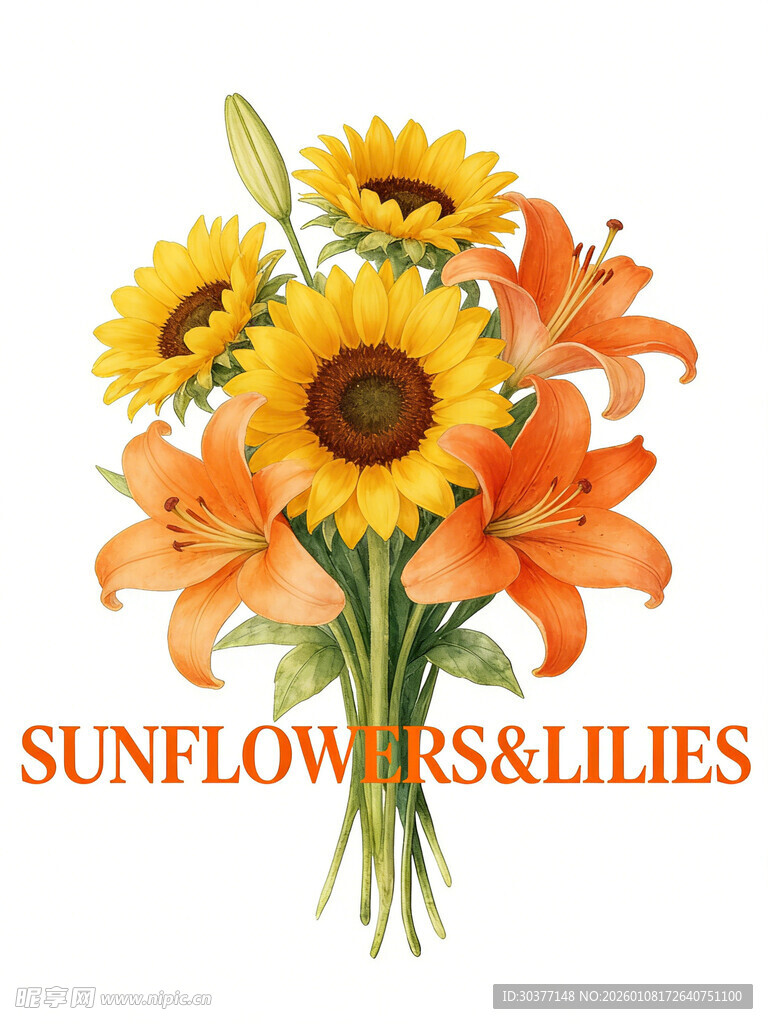 向日葵与百合插花图