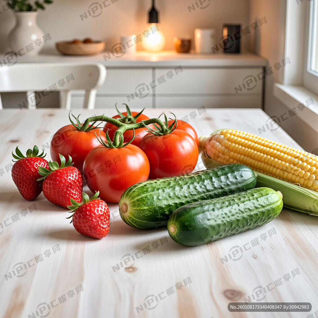 一个桌子上有西红柿、草莓、黄瓜