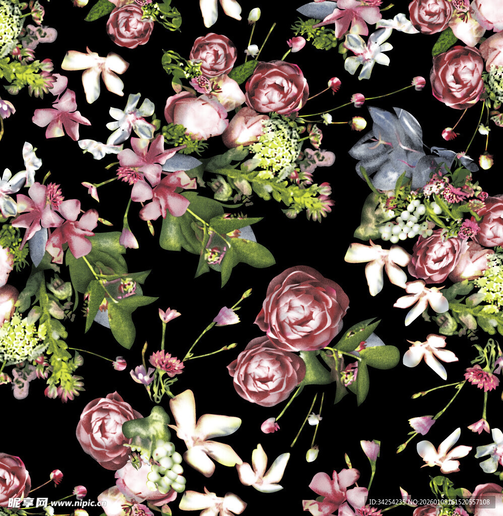 黑色底花卉图案印花