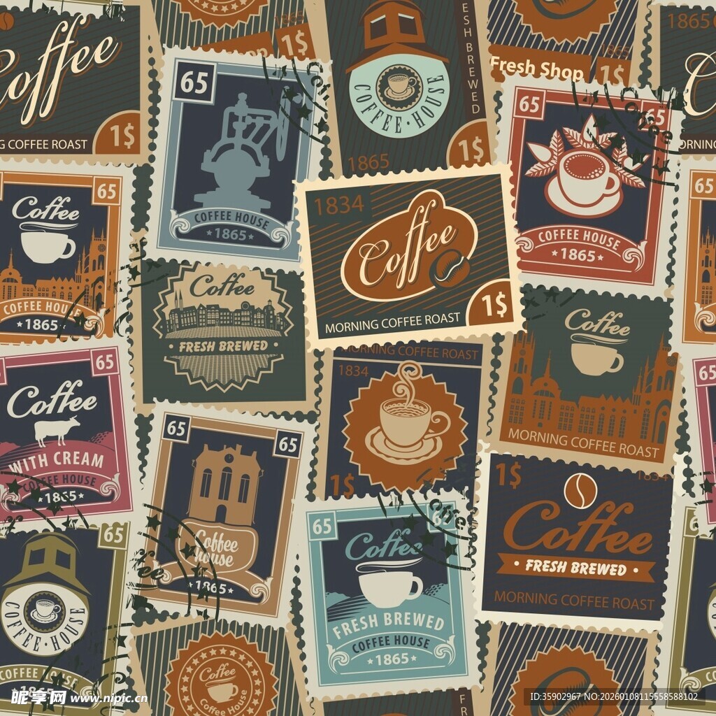 复古咖啡主题邮票图案集合