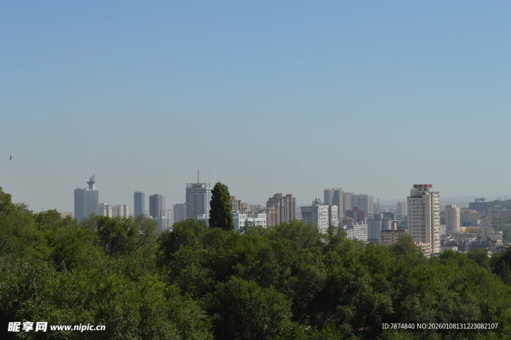 绿树掩映下的城市天际线
