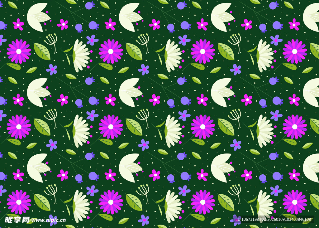 紫色花卉绿叶无缝图案