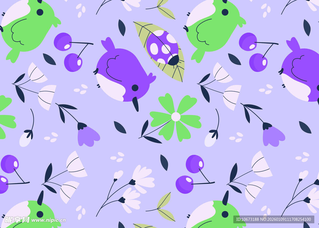 紫色系卡通动物花卉图案
