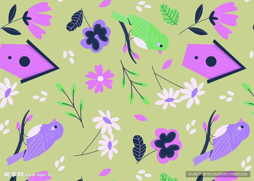 清新花卉小鸟图案背景