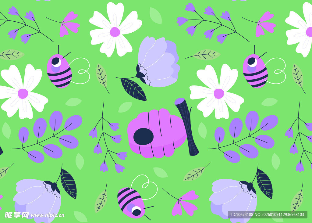 绿色背景的花卉蜜蜂图案