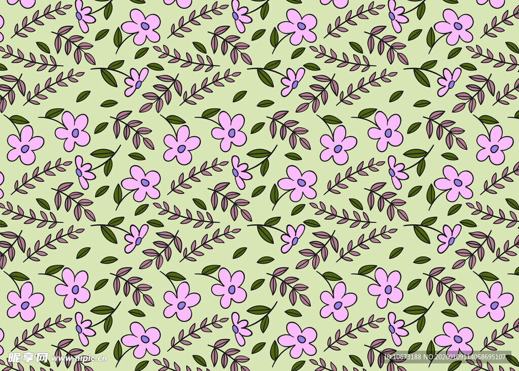紫色花卉绿叶无缝图案
