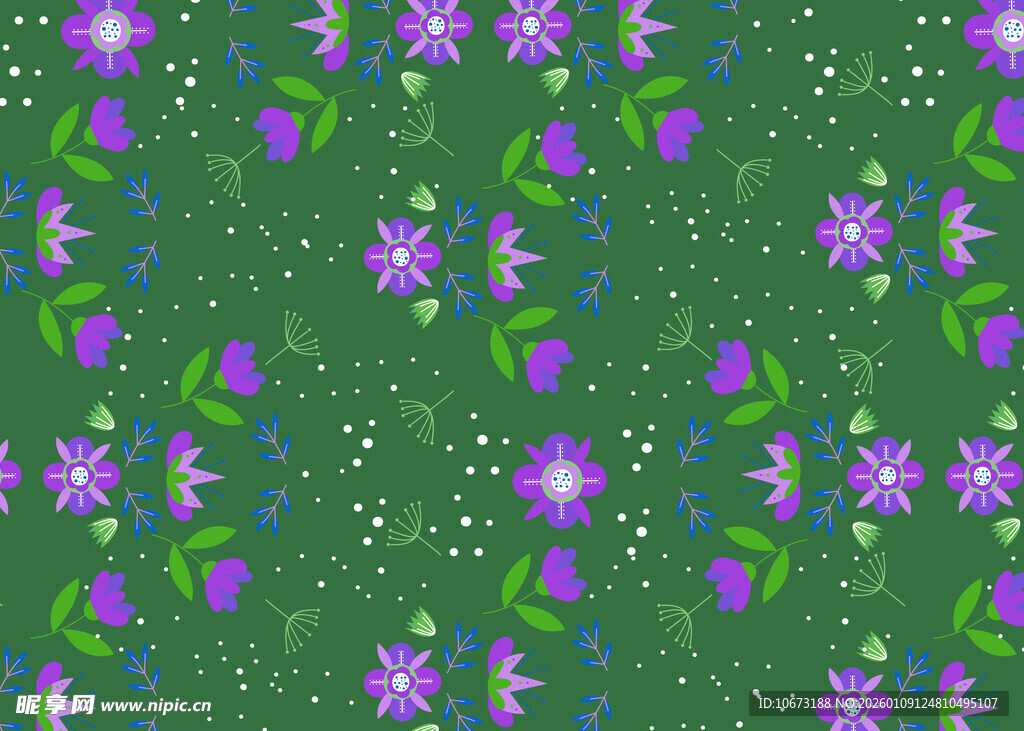 绿色背景紫色花卉图案