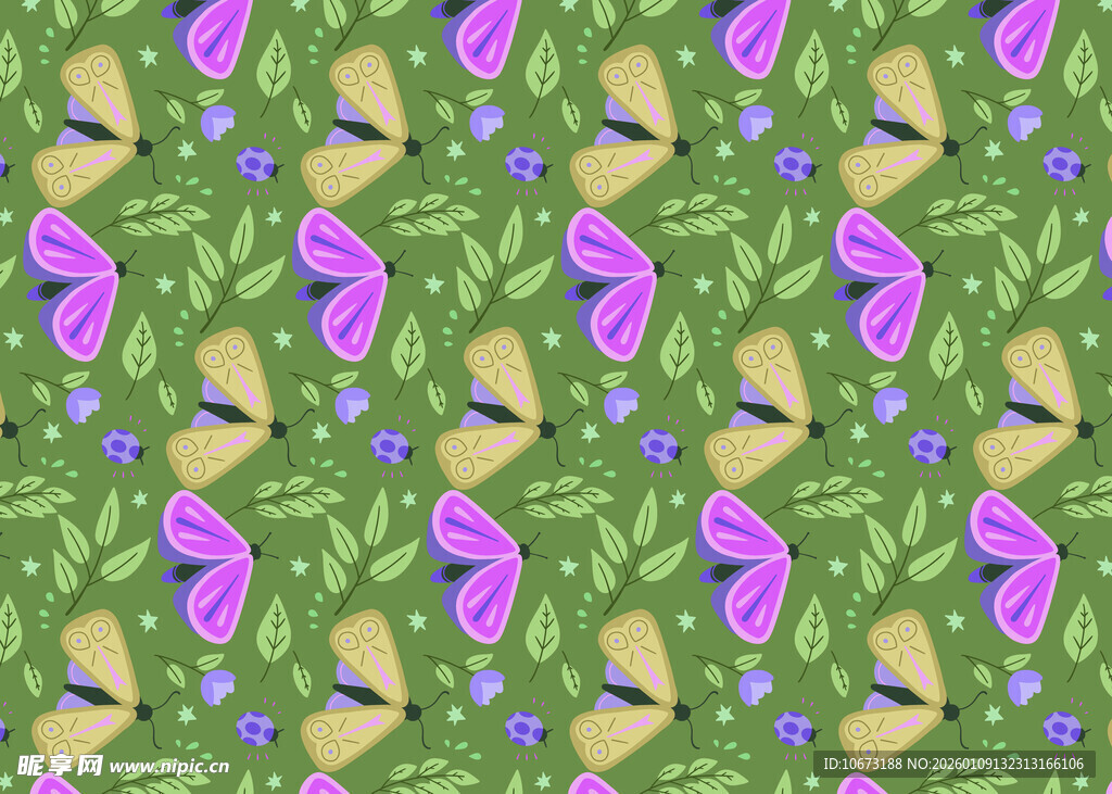 绿色背景蝴蝶花卉图案