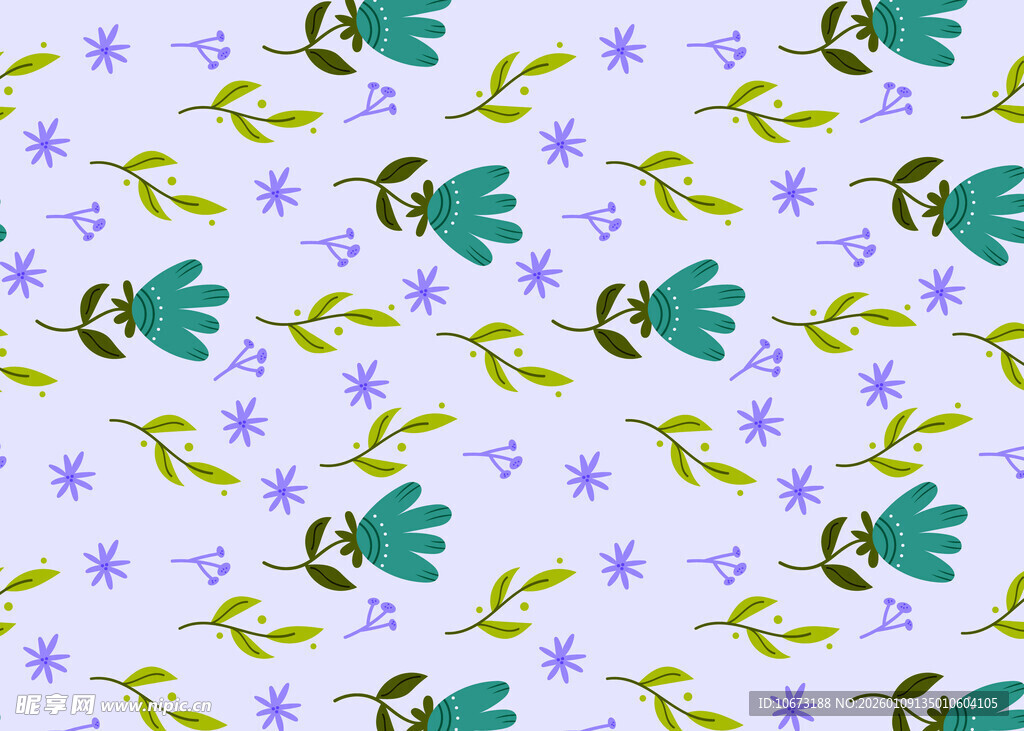 紫色底绿叶花朵图案