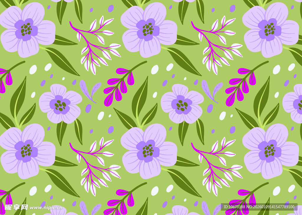 紫色花卉绿叶无缝图案