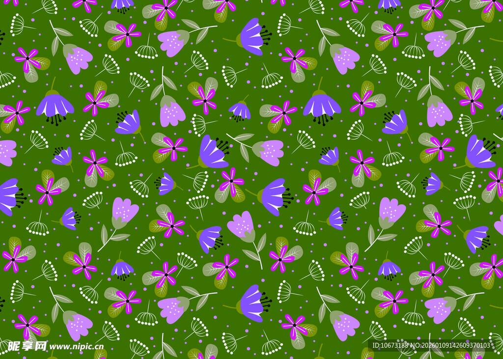 紫色花卉绿色背景图案