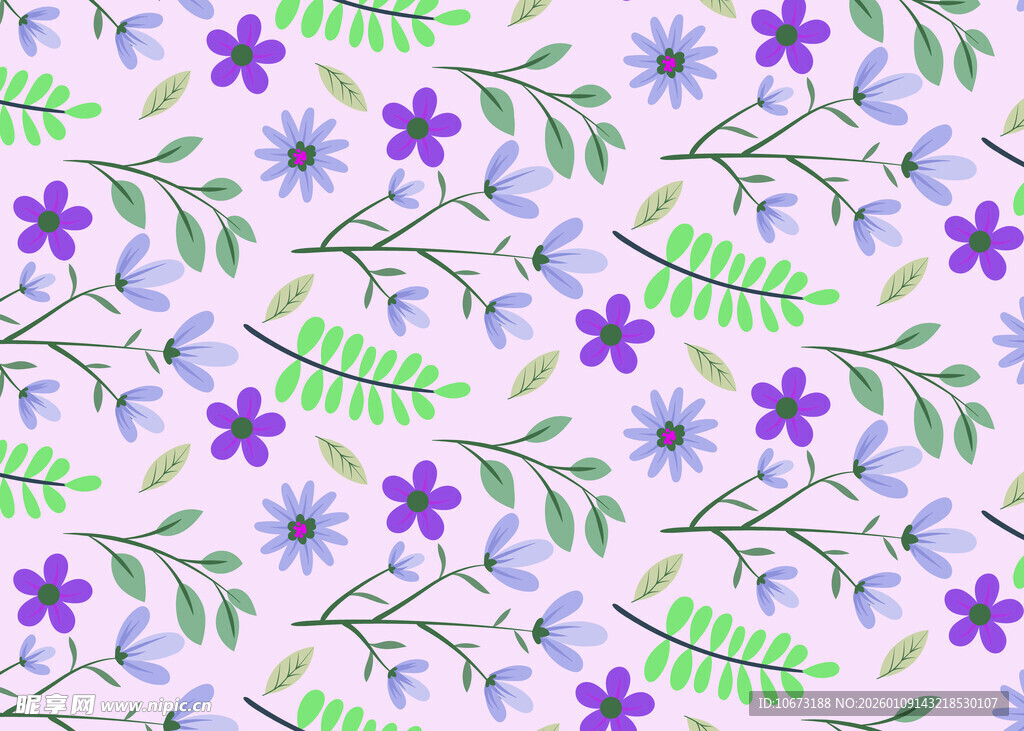 紫色花卉绿叶无缝图案