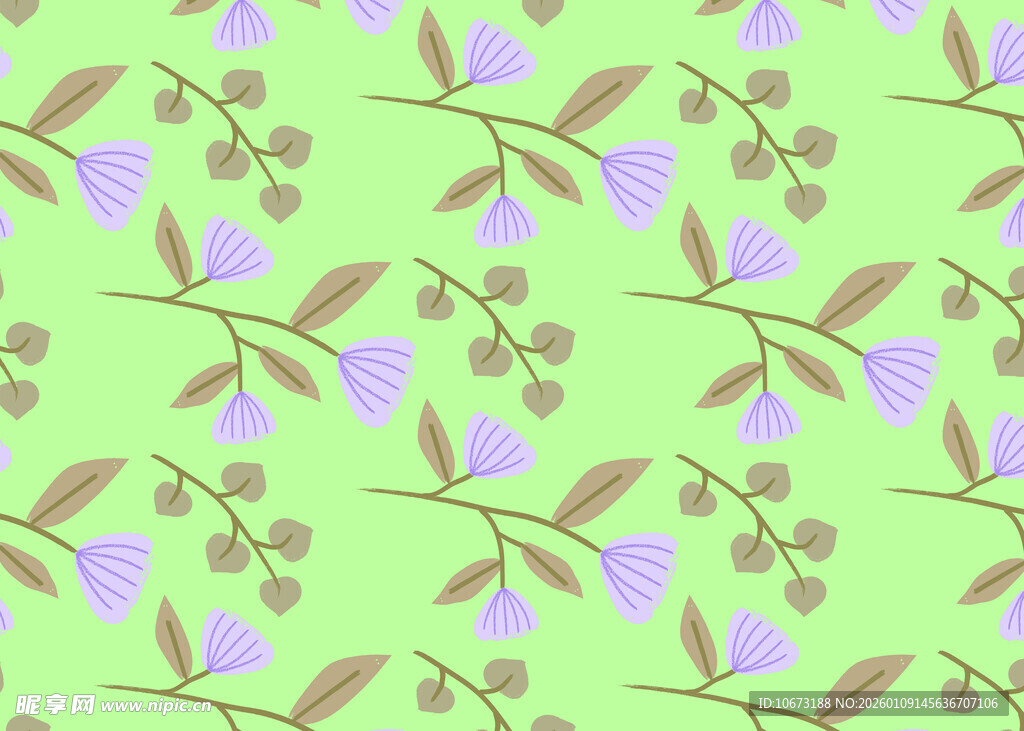 淡绿底紫花枝叶图案