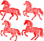 四匹红色剪纸风格奔腾骏马