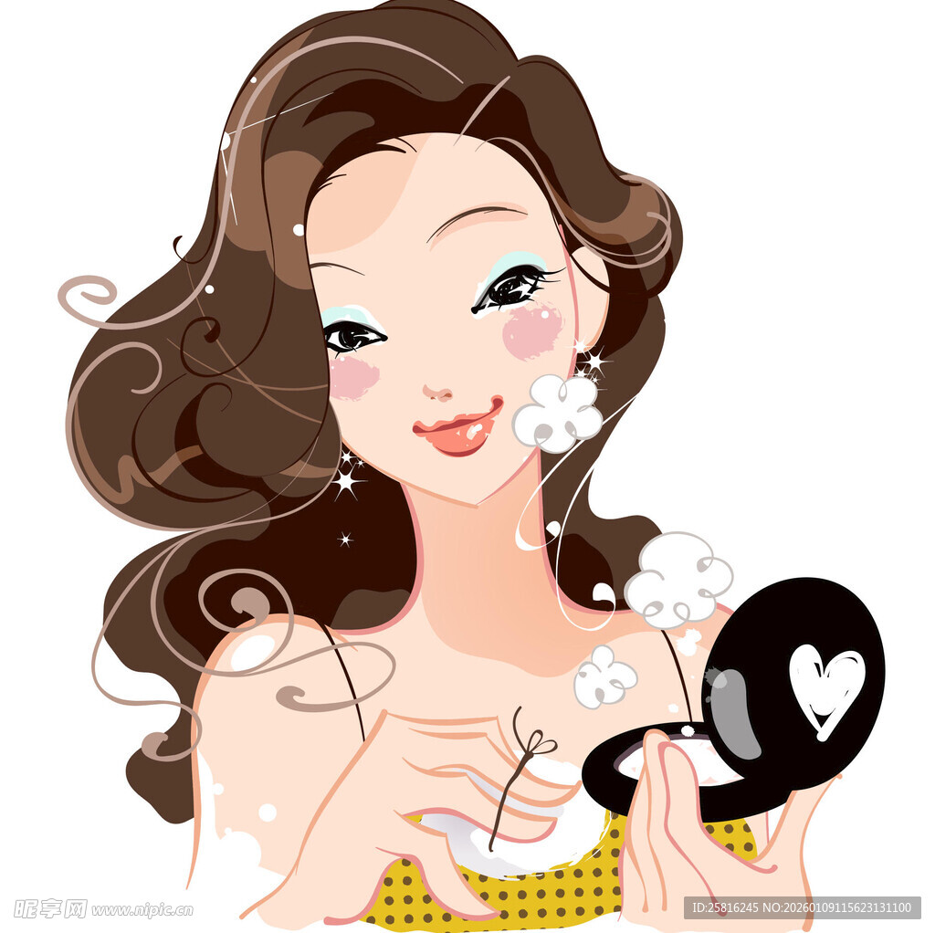 卷发女子手持美妆镜护肤