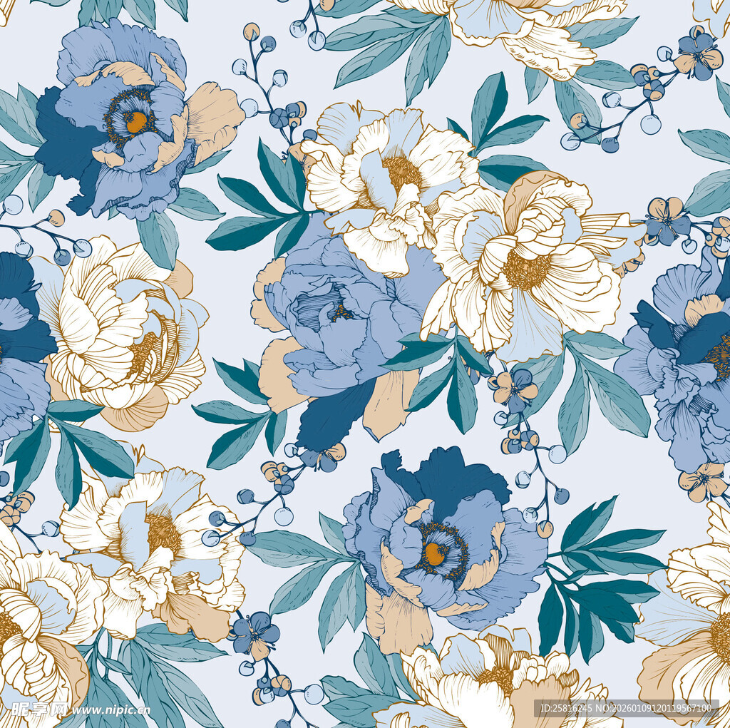 蓝白花卉图案背景纹理