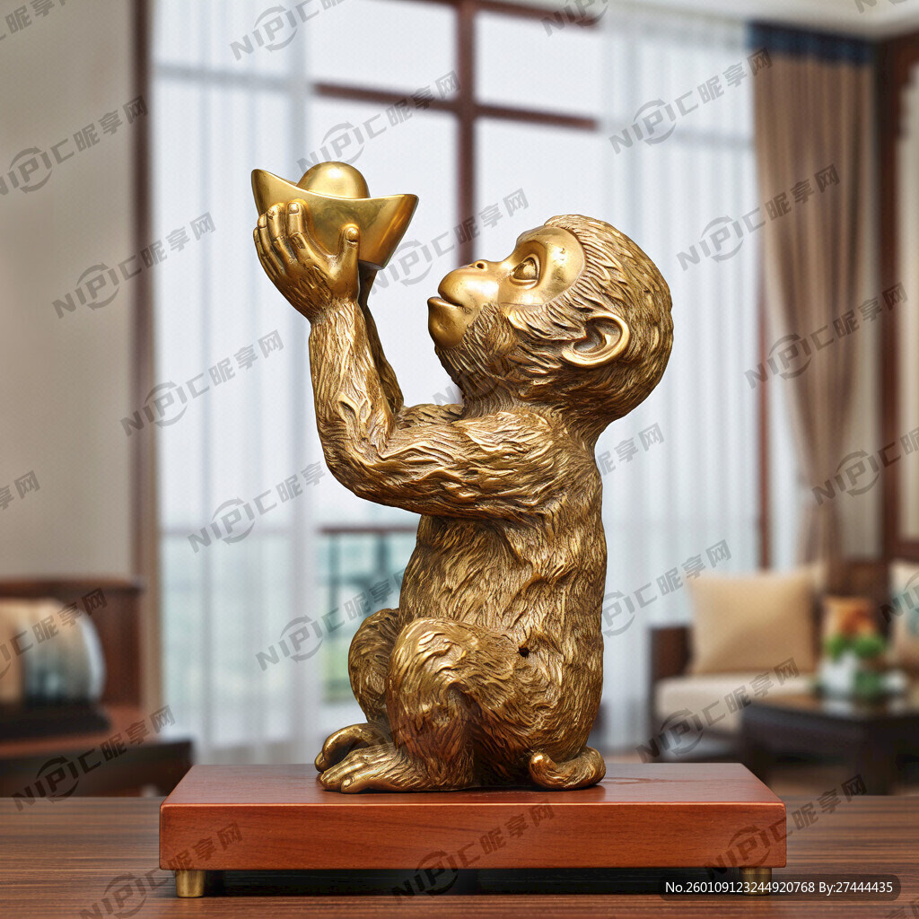 老猴雕塑黄金摆件 侧面 蹲坐