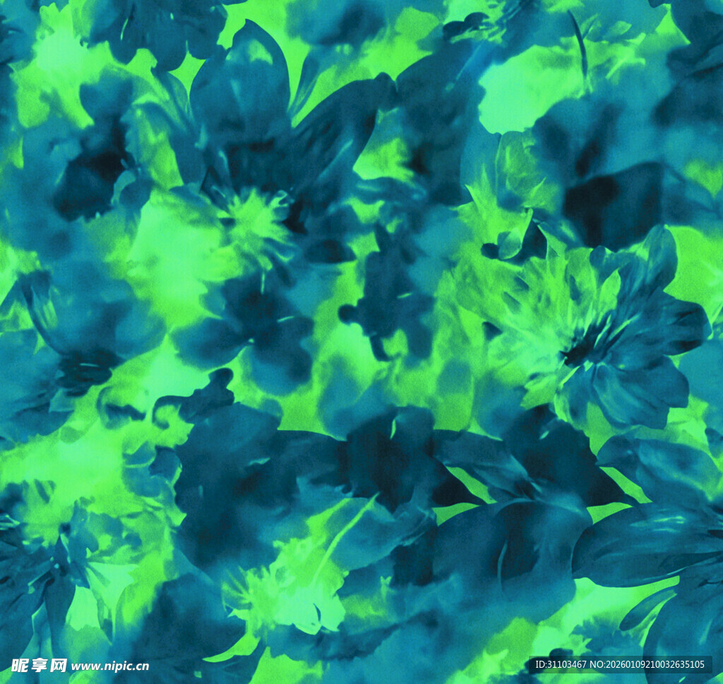 蓝绿渐变抽象花卉图案