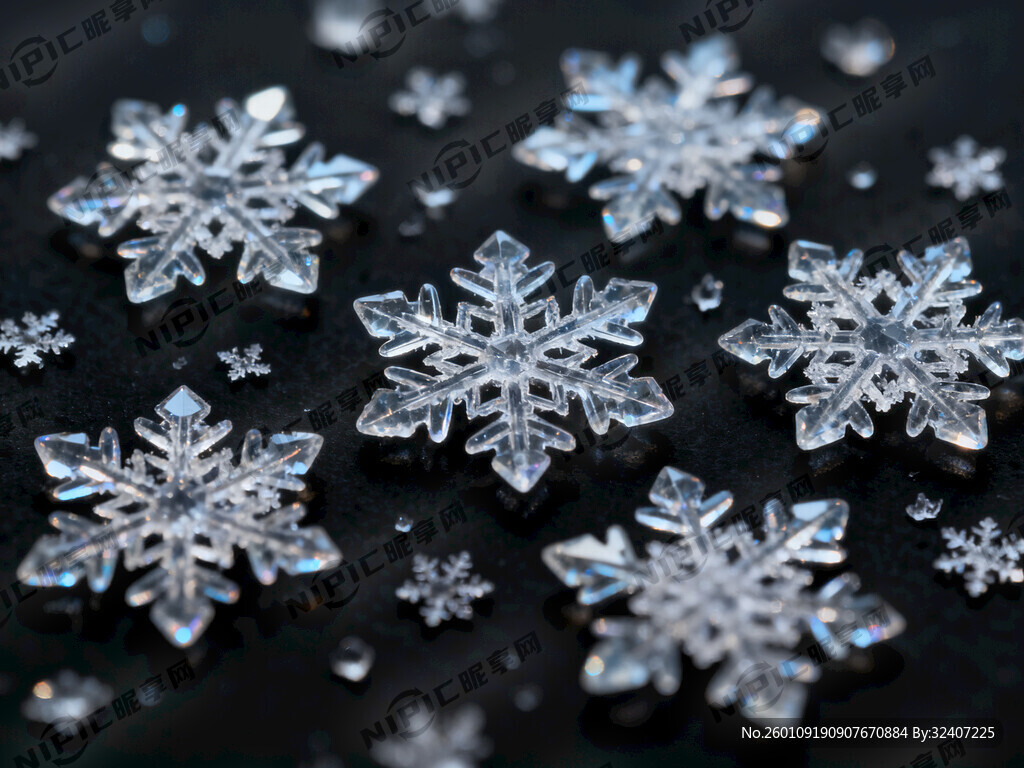 透明雪花 6个大的 黑色背景