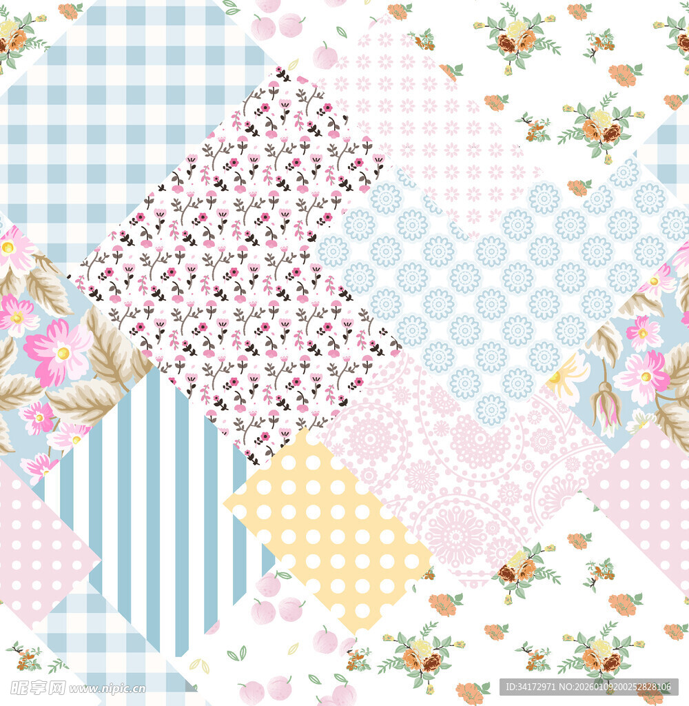 多彩拼布图案花卉几何元素