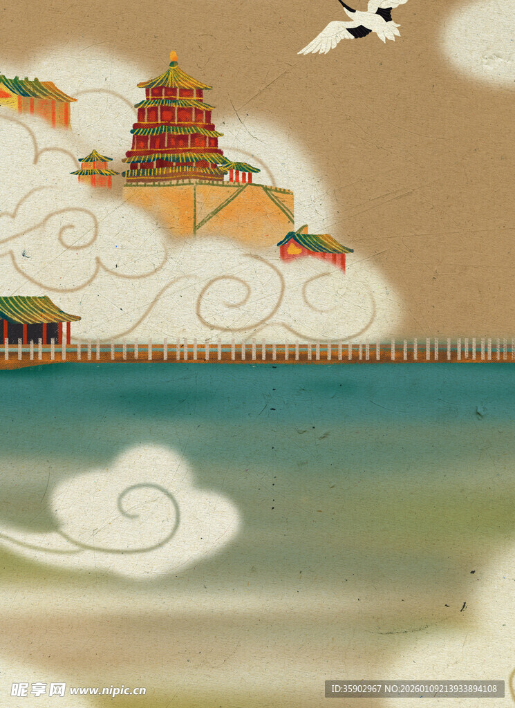 古风云海中的楼阁景观