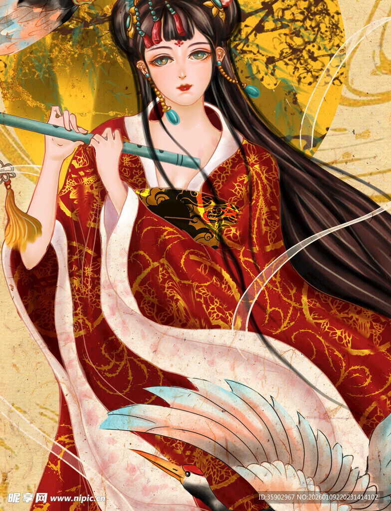 古风女子持笛与仙鹤相伴