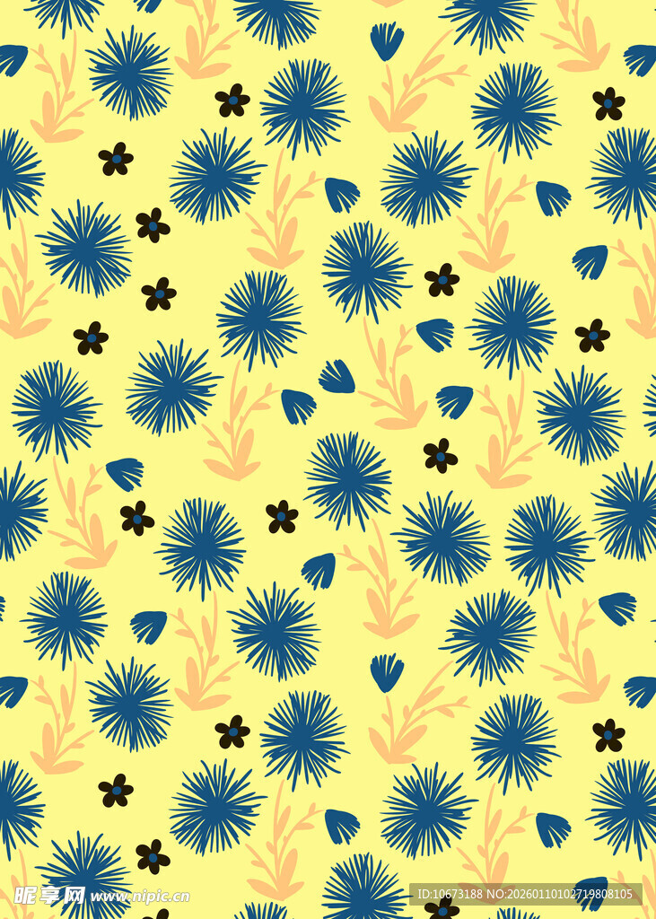 黄色底蓝色花朵图案背景