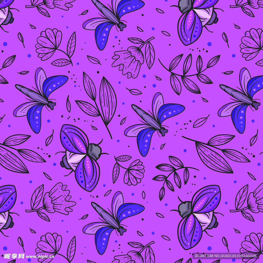 紫色背景蜻蜓花卉图案