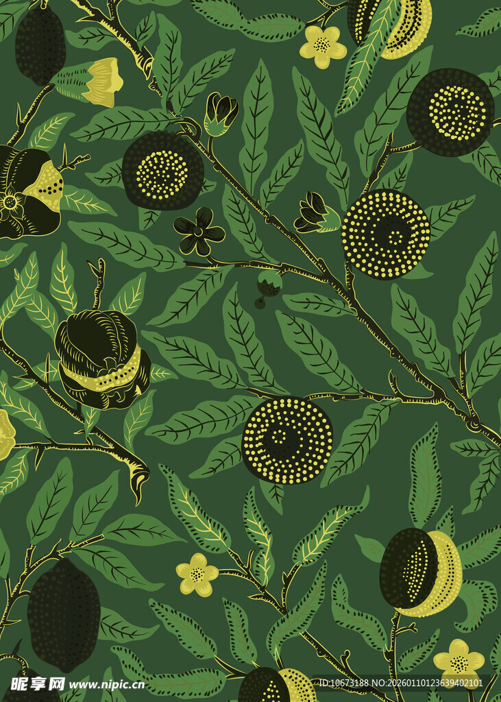 绿叶黄花果实植物图案