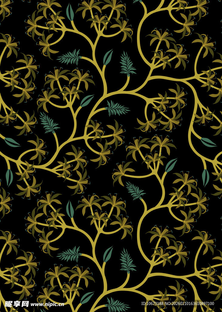 黑色背景金色枝叶图案