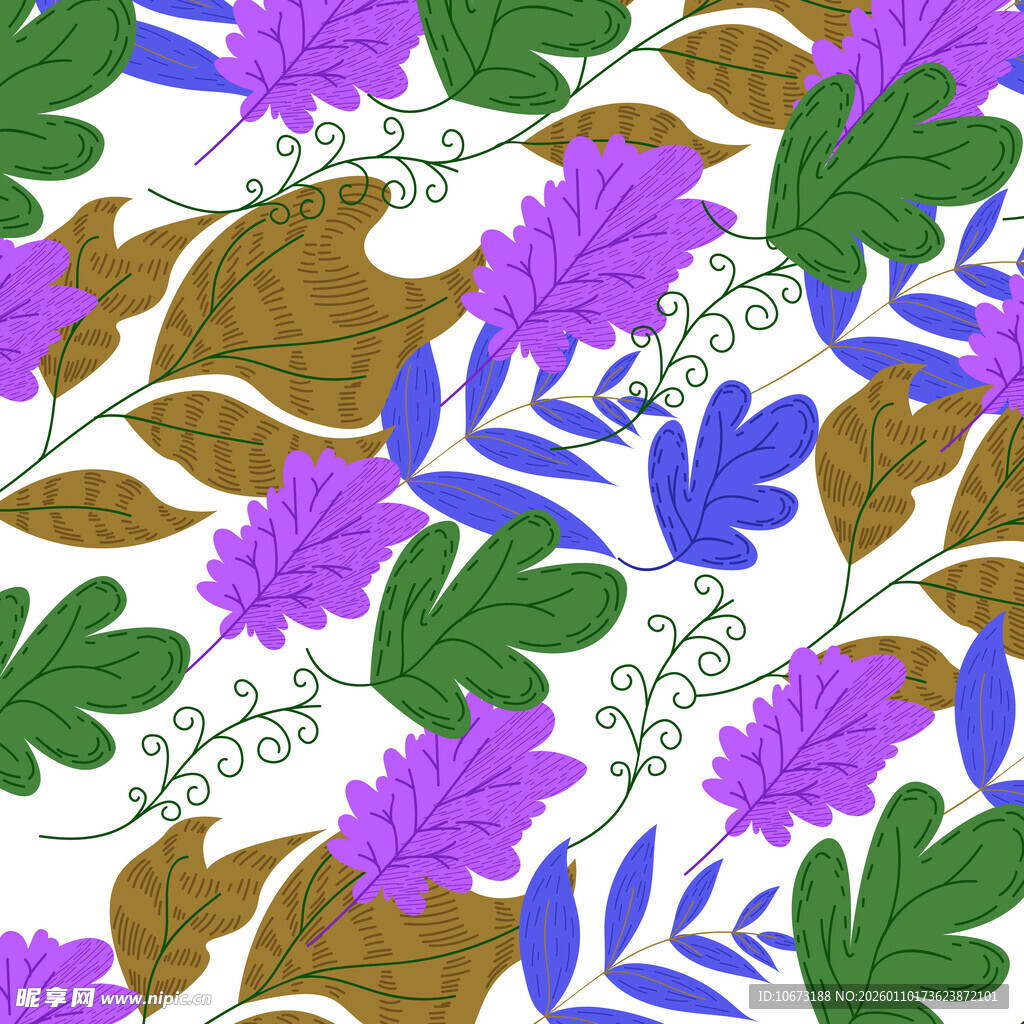 紫色花卉绿叶图案背景