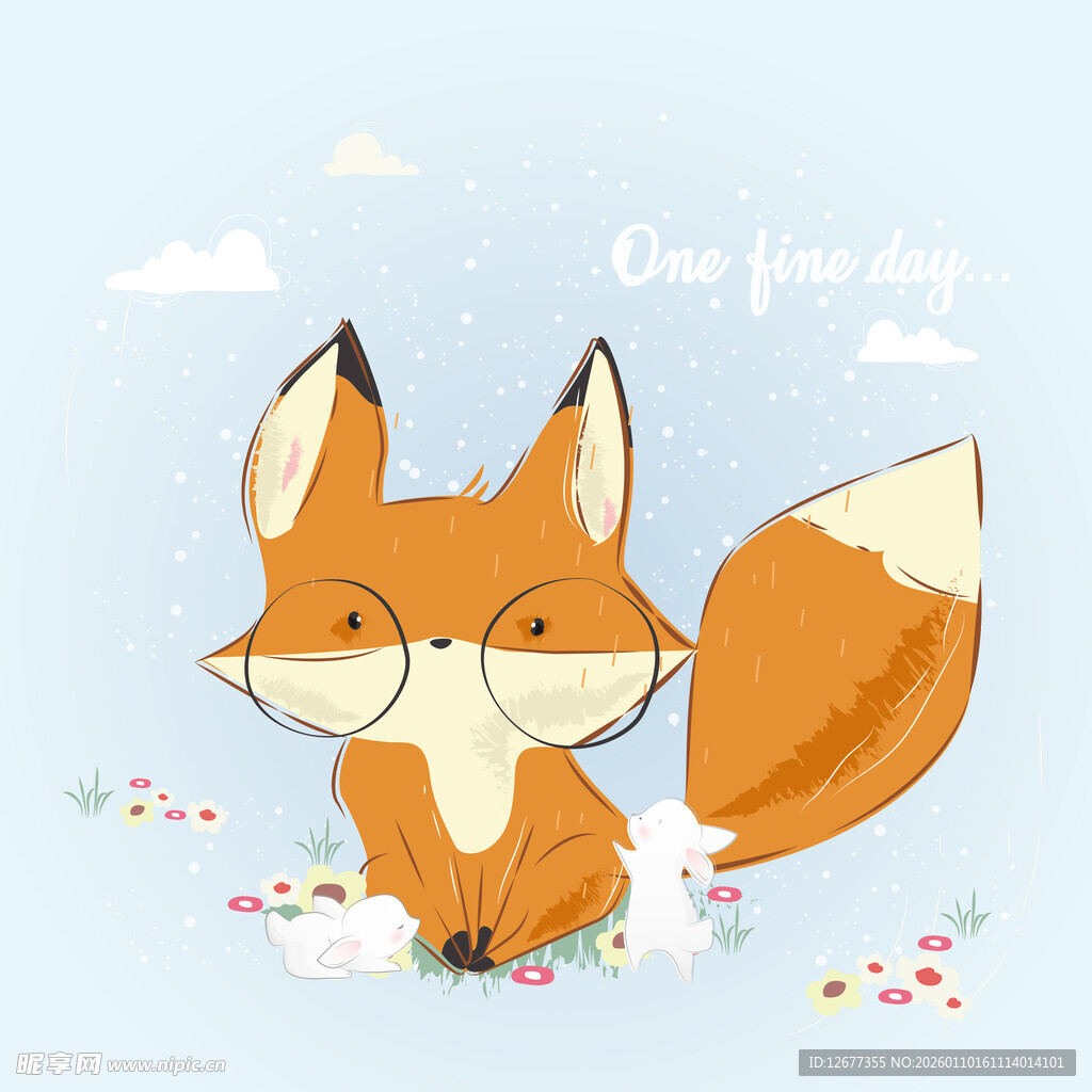 可爱狐狸坐在花丛中