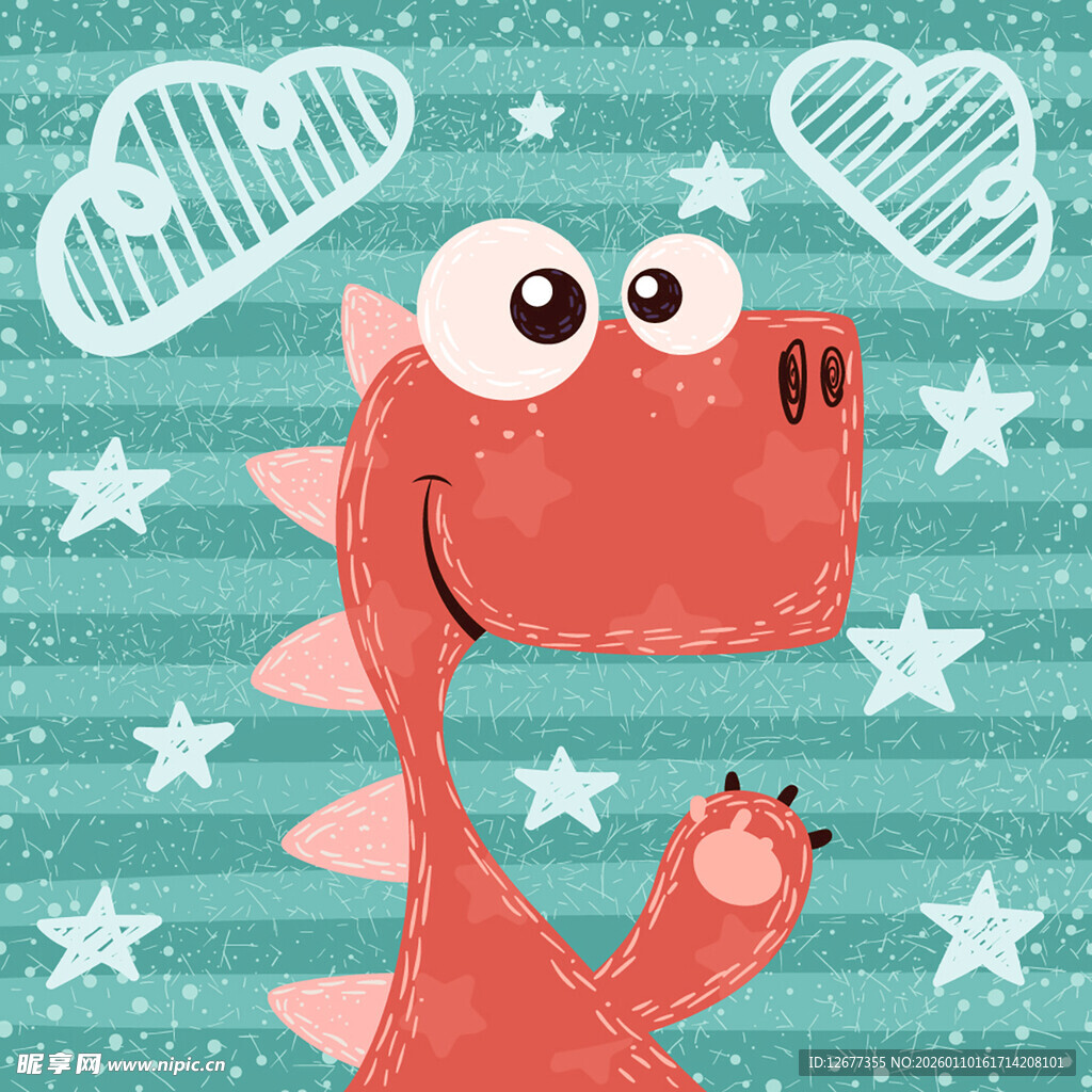 可爱红恐龙在星空背景中