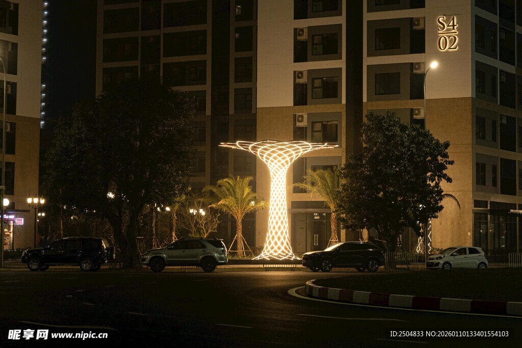 夜晚小区入口景观